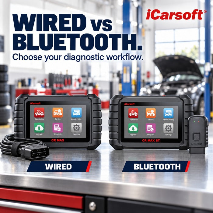 iCarsoft CR MAX wired tablet beside CR MAX BT and its Bluetooth VCI on a garage workbench