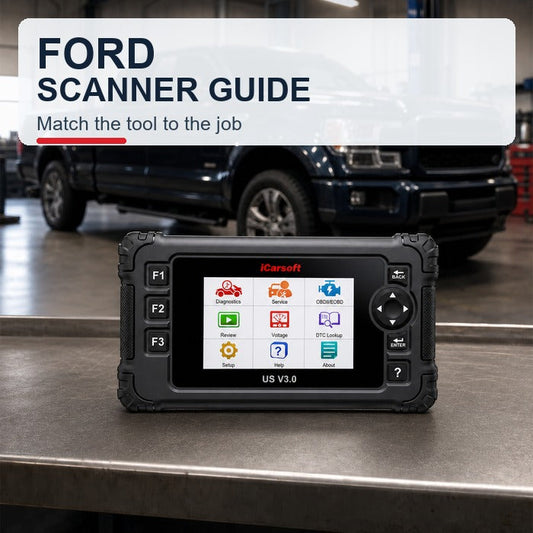 iCarsoft US V3.0 Ford diagnostic scanner guide with an authentic home screen and pickup truck